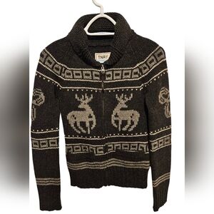 TNA Womens Aritzia Sea To Sky Cowichan Deer Knit Full Zip Sweater Black White XS